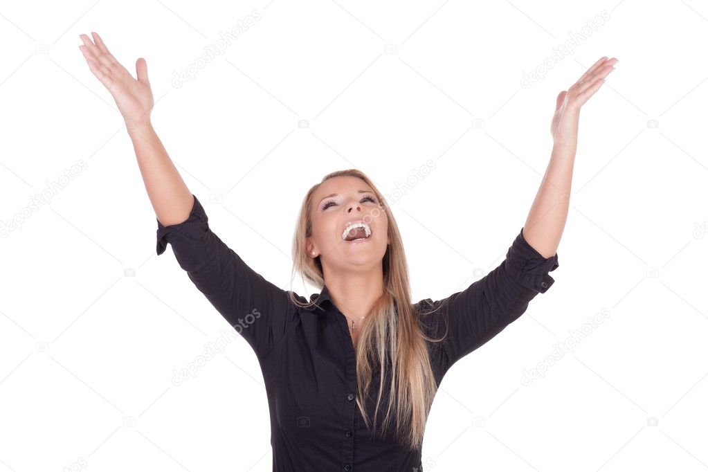 Joyful woman laughing with raised arms