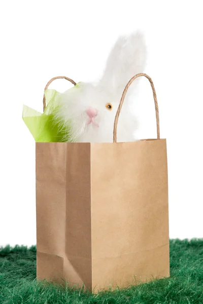 Brown paper bag with white Easter bunny — Stock Photo, Image