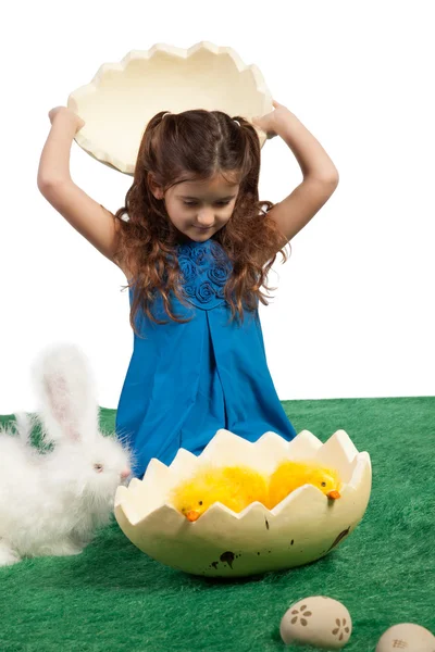 Young girl with egg shape and chicks inside — Stock Photo, Image