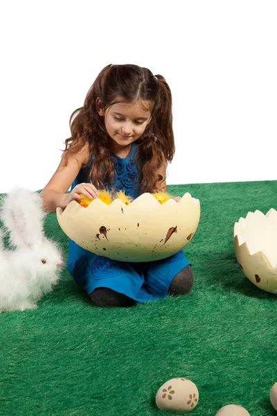 Young girl with egg shape and chicks inside — Stock Photo, Image