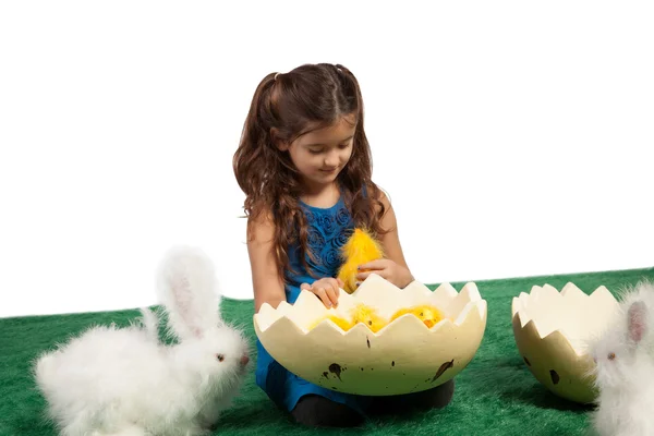 Young girl with egg shape and chicks inside — Stock Photo, Image