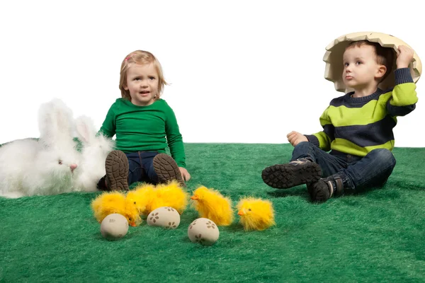 Schattig klein meisje en jongen met konijnen en kuikens — Stockfoto