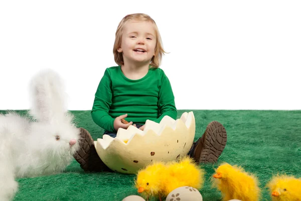 Cute young girl with toy bunny and chicks — Stock Photo, Image
