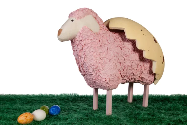 Pink craft made lamb with coloured eggs — Stock Photo, Image