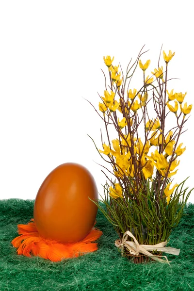 Πορτοκαλί Πασχαλινό αυγό με ανοιξιάτικα λουλούδια — Φωτογραφία Αρχείου