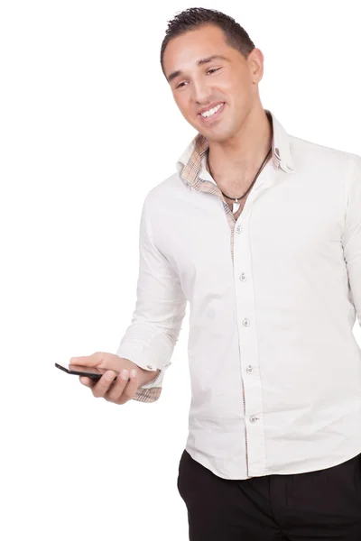 Happy Asian young man holding a cell phone — Stock Photo, Image