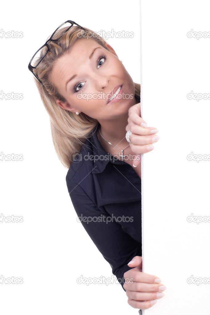 Pretty blond woman with a blank white sign