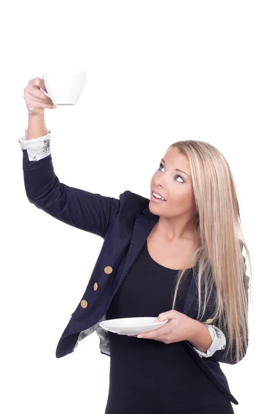 Attraente bionda che tiene la tazza da tè e il piattino — Foto Stock