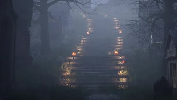 Kamera Éjfélkor Átmegy Lépcsőn Lámpásokkal Sütőtökkel Megvilágítva — Stock videók