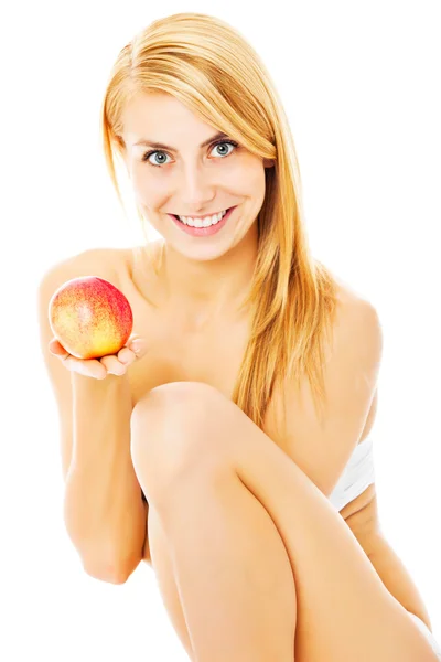 Happy Naked Woman Holding Apple Over White Background — Stok Foto