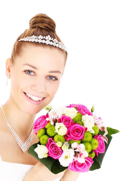 Happy bride with flowers — Stock Photo, Image