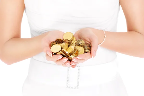 Bride holding coins — Stock Photo, Image