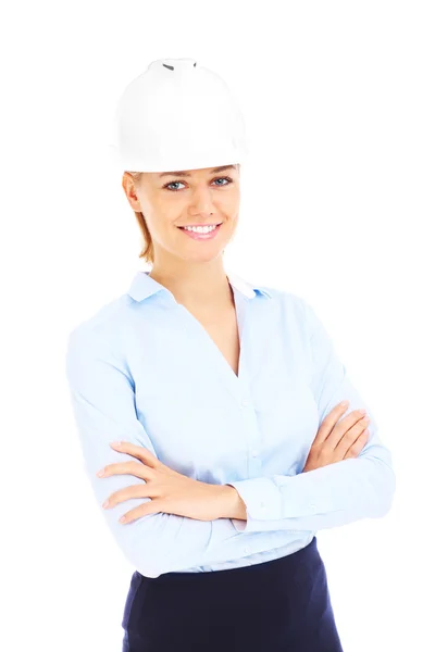 Mulher em capacete branco — Fotografia de Stock