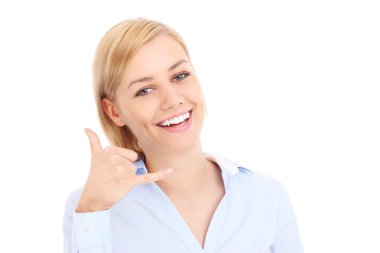 çağrı işareti ile mutlu bir kadın