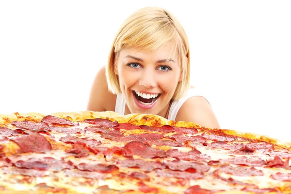 Щаслива жінка з піцою — стокове фото