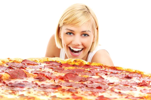 Mulher feliz com pizza — Fotografia de Stock