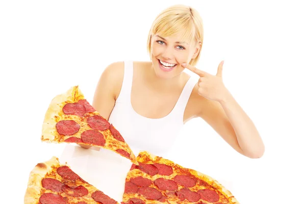 Mulher feliz com pizza — Fotografia de Stock
