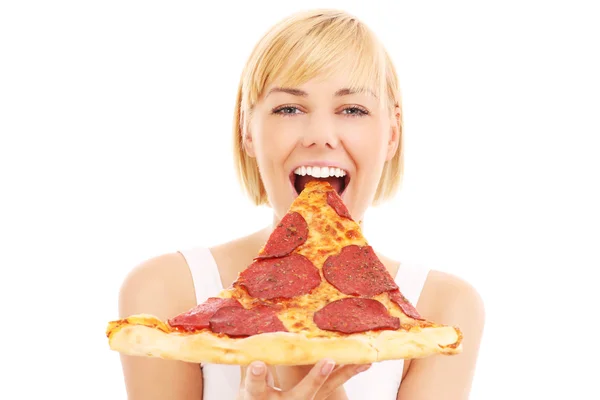 Femme heureuse avec pizza — Photo