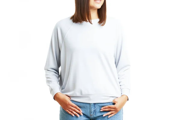 Νεαρή γυναίκα με λευκή μπλούζα απομονωμένη — Φωτογραφία Αρχείου