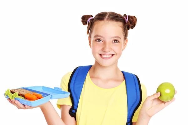 Happy girl with healthy lunchbox — Stock Photo, Image