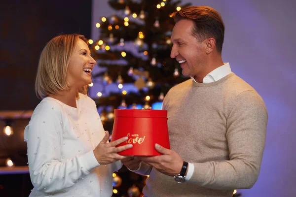 Couple giving christmas gift in front of a tree — Stock Photo, Image