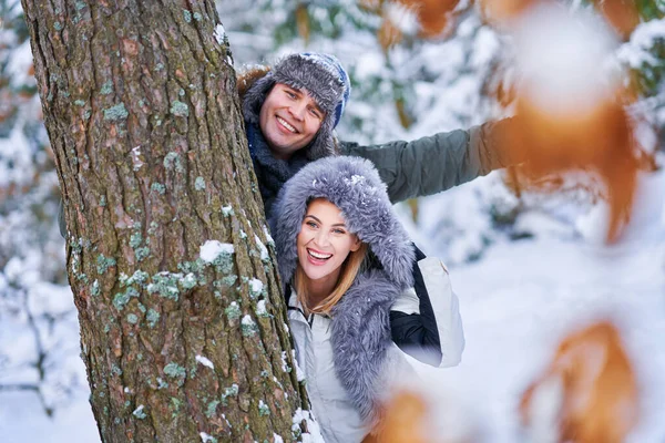 Coppia divertendosi nel paesaggio invernale e nella neve — Foto Stock