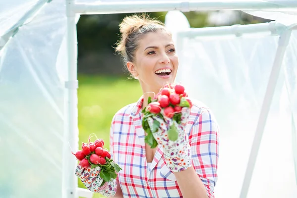 Retrato de mulher jardineiro em estufa com rabanete — Fotografia de Stock