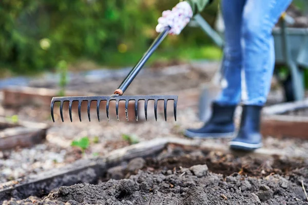 Wanita muda bahagia dengan peralatan berkebun bekerja — Stok Foto