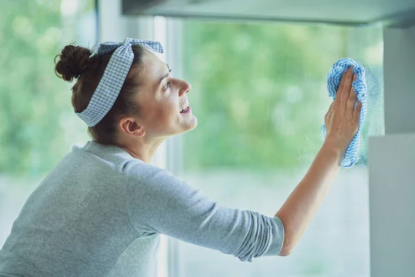 Junge Frau Putzt Fenster Der Küche Hochwertiges Foto — Stockfoto