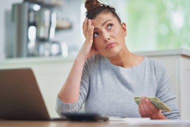 Young woman counting home budget with bills. High quality photo