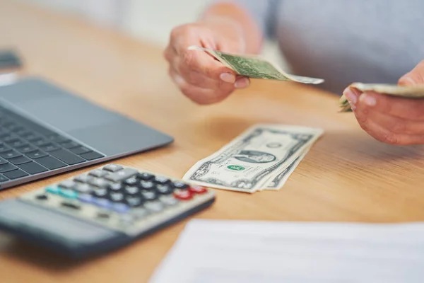 Young Woman Counting Home Budget Bills High Quality Photo — ストック写真