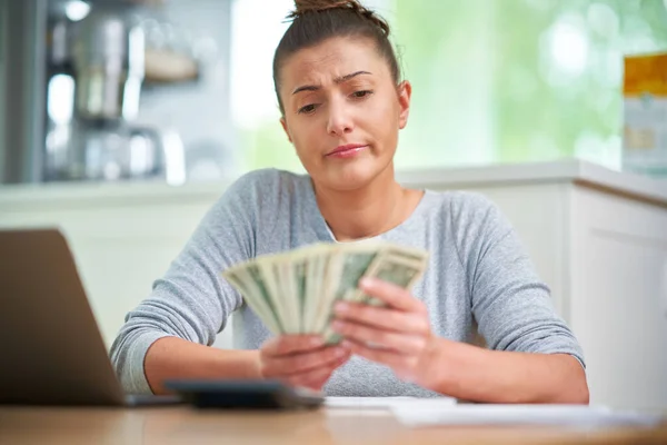 Young Woman Counting Home Budget Bills High Quality Photo — Foto Stock