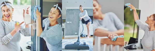 Beautiful Image Collage Young Woman Cleaning House High Quality Photo — Stock Fotó