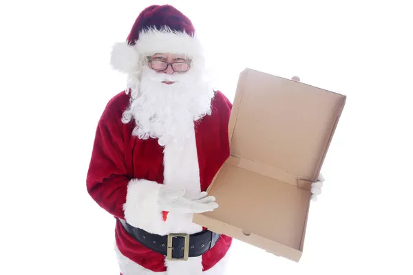 Санта Клаус Пустой Коробкой Пиццы Белом Фоне — стоковое фото