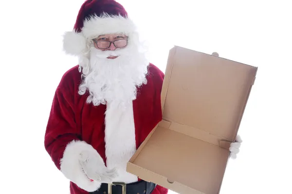 Weihnachtsmann Mit Leerer Pizzaschachtel Auf Weißem Hintergrund — Stockfoto