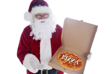 Noel Baba 'nın elinde pizza var. Beyaz eldivenli, sakallı, kırmızı ceketli Noel Baba 'nın elindeki pizza kutusu. Noel pizza teslimatı. Noel Baba, Pizza için her zaman iyi bir zamandır diyor. Noel Baba 'yla Noel Pizzası. Noel Baba 'dan pizza..