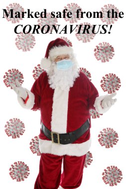 Noel Baba, Coronavirus 'a yakalanmamak için maske takıyor. Noel Baba, Covid-19 'dan uzak dur diyor. Maskeni tak. Mutlu noeller. Noel Baba karakteri maske takıyor.. 