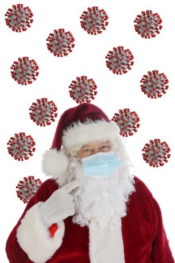 Noel Baba, Coronavirus 'a yakalanmamak için maske takıyor. Noel Baba, Covid-19 'dan uzak dur diyor. Maskeni tak. Mutlu noeller. Noel Baba karakteri maske takıyor.. 