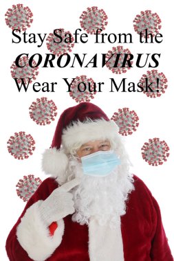 Noel Baba, Coronavirus 'a yakalanmamak için maske takıyor. Noel Baba, Covid-19 'dan uzak dur diyor. Maskeni tak. Mutlu noeller. Noel Baba karakteri maske takıyor.. 