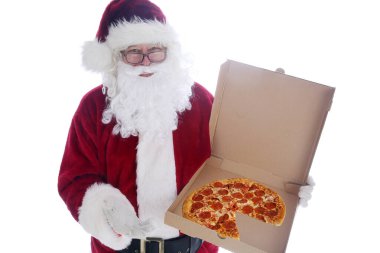 Noel Baba 'nın elinde pizza var. Beyaz eldivenli, sakallı, kırmızı ceketli Noel Baba 'nın elindeki pizza kutusu. Noel pizza teslimatı. Noel Baba, Pizza için her zaman iyi bir zamandır diyor. Noel Baba 'yla Noel Pizzası. Noel Baba 'dan pizza..