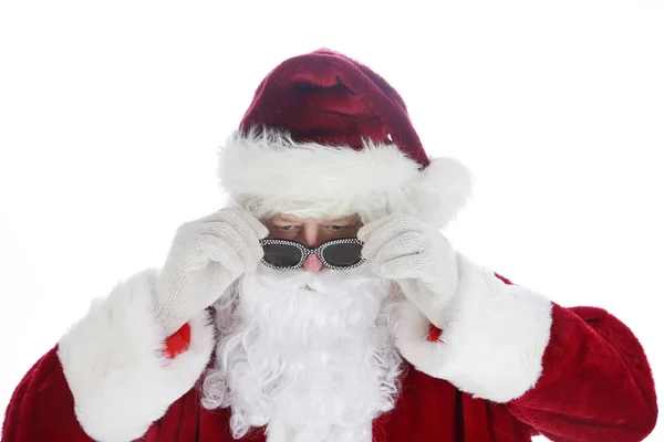 Санта Клаус Костюме Солнцезащитных Очках Рождество Счастливых Праздников Санта Клаус — стоковое фото