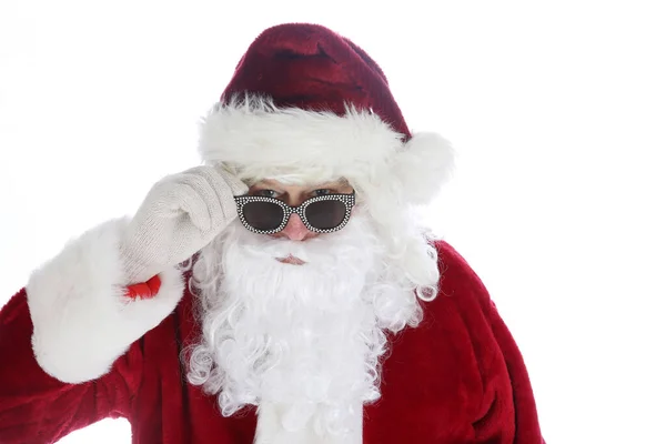 Санта Клаус Костюме Солнцезащитных Очках Рождество Счастливых Праздников Санта Клаус — стоковое фото