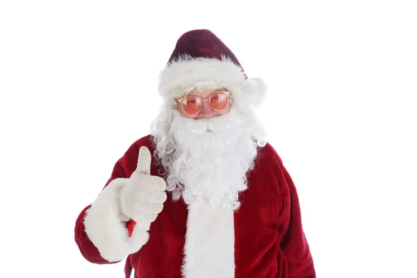 Télapó Jelmezt Napszemüveget Visel Karácsonykor Kellemes Ünnepeket Télapó Divatot Mikulás — Stock Fotó