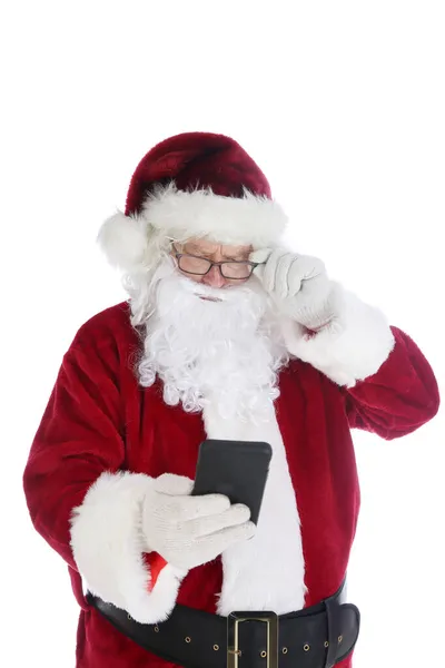 Санта Клаус Пользуется Своим Сотовым Телефоном Санта Использует Свой Мобильный — стоковое фото