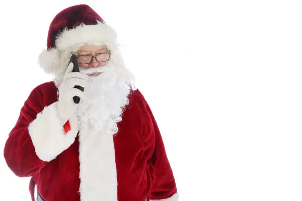 Święty Mikołaj Używa Telefonu Komórkowego Mikołaj Używa Telefonu Komórkowego Wysyłania — Zdjęcie stockowe