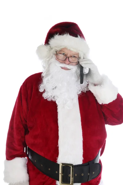 Санта Клаус Пользуется Своим Сотовым Телефоном Санта Использует Свой Мобильный — стоковое фото