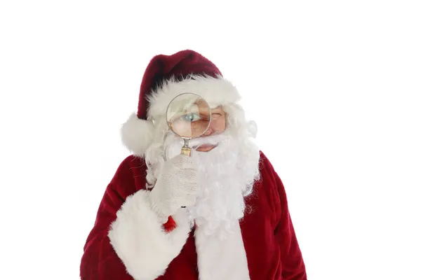 Santa Claus Uses His Magnifying Glass See Who Has Been — Stock Photo, Image