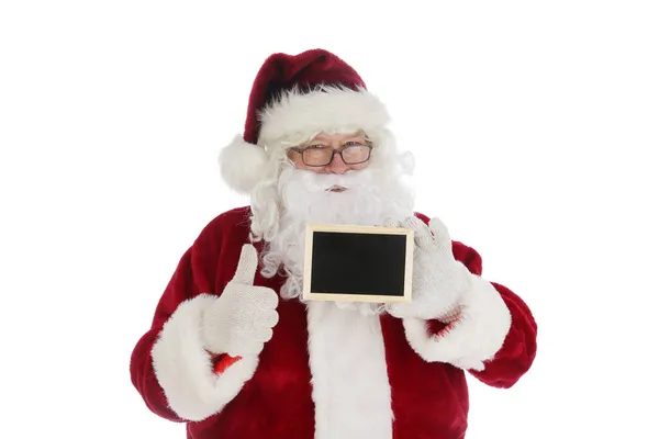 Der Weihnachtsmann Hält Eine Schwarze Tafel Der Hand Raum Für — Stockfoto