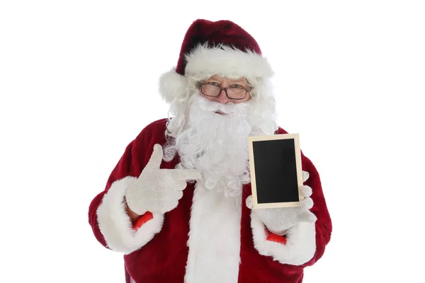 Święty Mikołaj Trzyma Czarną Tablicę Kredą Miejsce Smsa Tablica Pustą — Zdjęcie stockowe