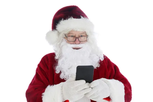 Pai Natal Usa Seu Telefone Celular Papai Noel Usa Seu — Fotografia de Stock